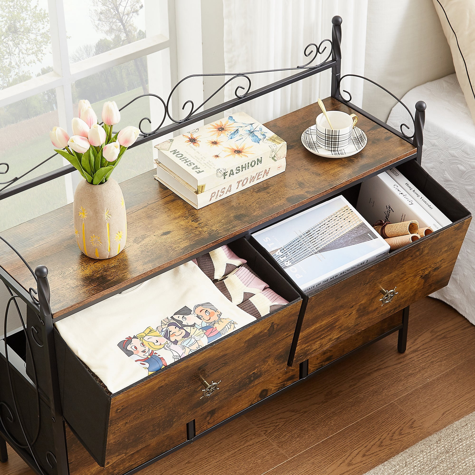 VECELO 4-Piece Bedroom Set Include Queen Size Bed Frame & Dresser & 2 Nightstand, Brown