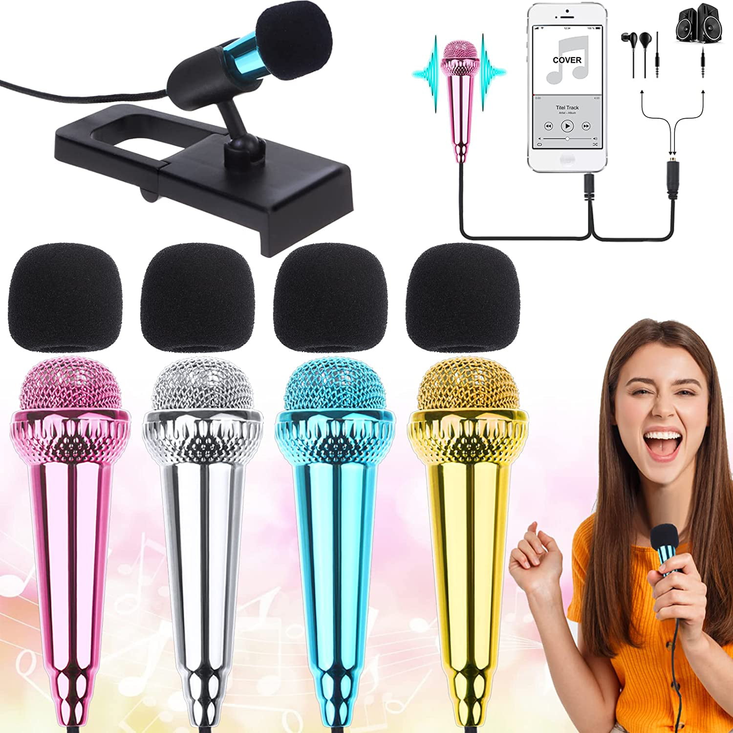 1-Piece, Black Metal Windproof Foam Cover and Stand 3.5 mm Input Android Phones or Tablet with 113 cm Cord Mini Microphone Tiny Microphone Mini Mic for Recording Voice and Singing on iPhone 