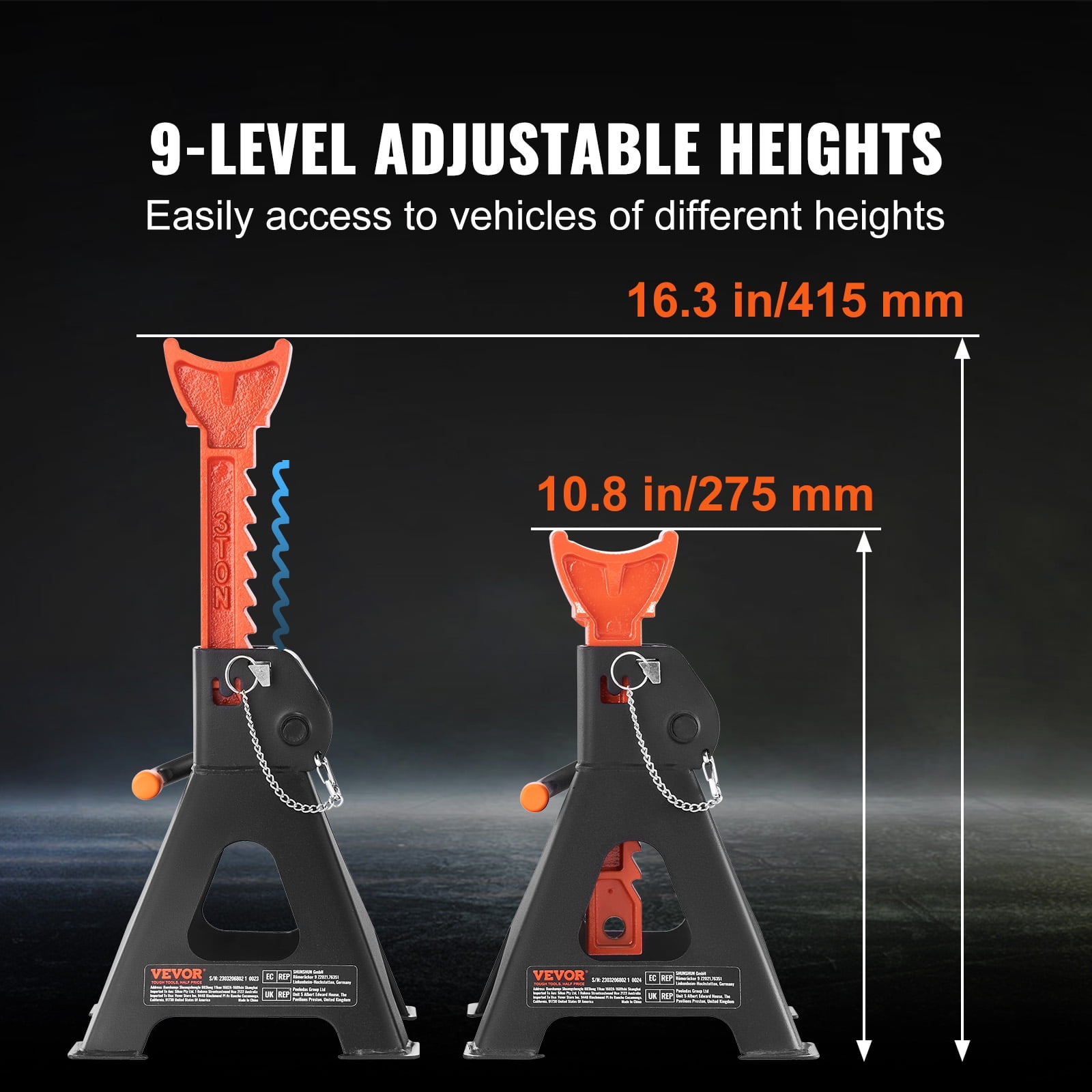 VEVOR Jack Stands, 3 Ton (6,000 lbs) Capacity Car Jack Stands Double Locking, 10.8-16.3 inch Adjustable Height,1 Pair
