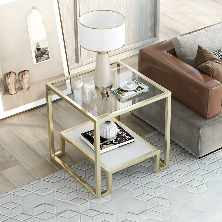 CLEARANCE ON TREND Modern Minimalist Design Living Room End Table Metal with Stained White Tempered Glass 2 Tier Sofa Side Table Gold