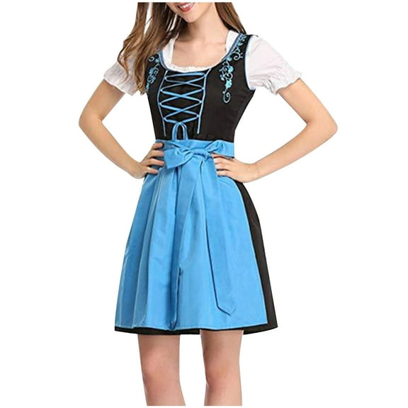 Odeerbi Bavarian Oktoberfest Dirndl Dress for Women 2025 Elegant Maxi Dress Beer Festival Square Neck Clothing Blue