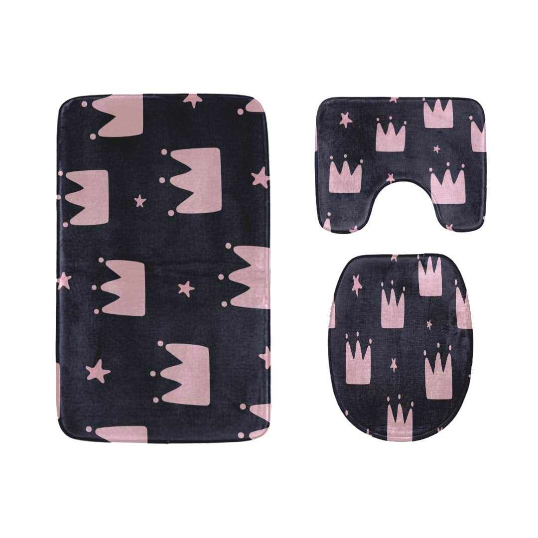 PUDMAD Beautiful Crowns for Girls 3 Piece Bathroom Rugs Set Bath Rug Contour Mat and Toilet Lid Cover