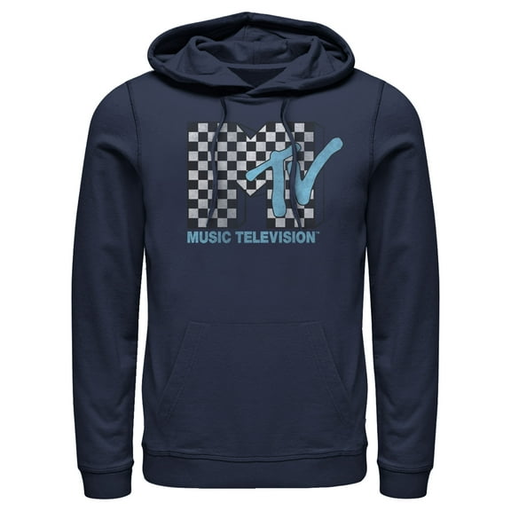 Men's MTV Checkered Logo Pull Over Hoodie Navy Blue X Large