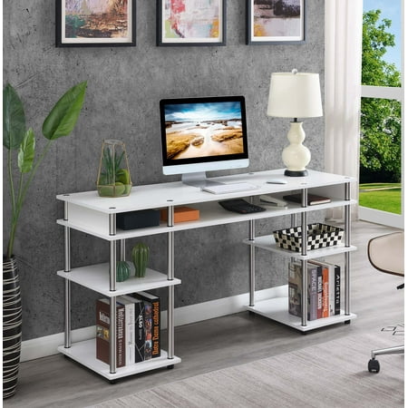 UPC: 0095285433933 | Convenience Concepts Designs2Go No Tools 60 inch Deluxe Student Desk with Shelves  White/Silver Poles