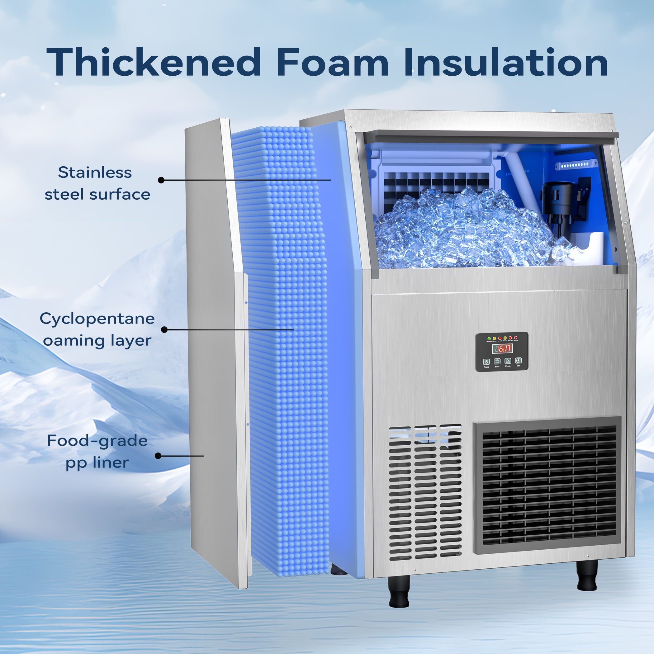Coolake Commercial Ice Maker 200 lbs/24H, Air Cooled Under Counter Ice Machine with 55 lbs Ice Storage for Home Bar