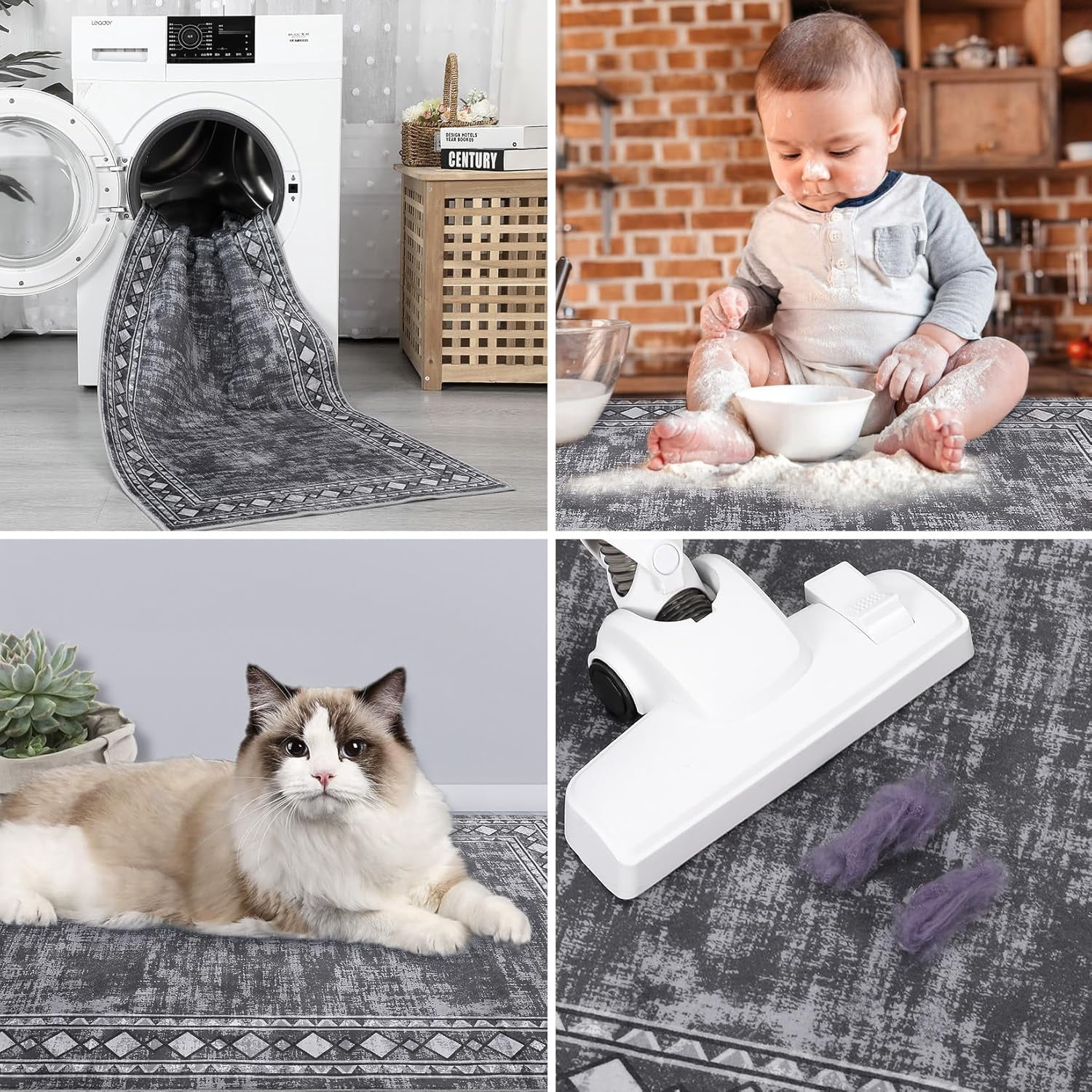 Shininglove Modern Bordered Area Rugs 5x7ft for Living Room, Machine Washable Low Pile Carpet with TPR Non-Slip Backing for Home Office(Grey)