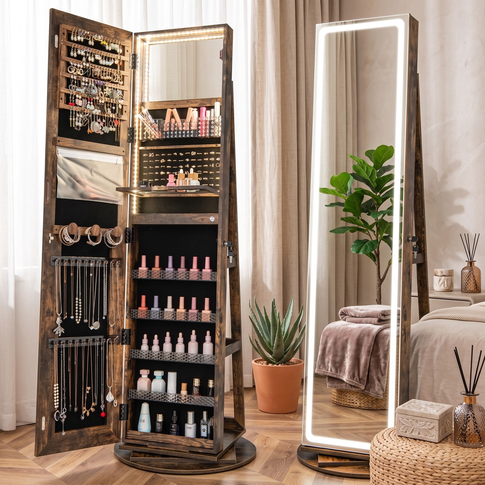 Furnibear Freestanding Rotating Jewelry Cabinet with Adjustable LED Full-Length Mirror and Makeup Mirror for Bedroom, Coffee