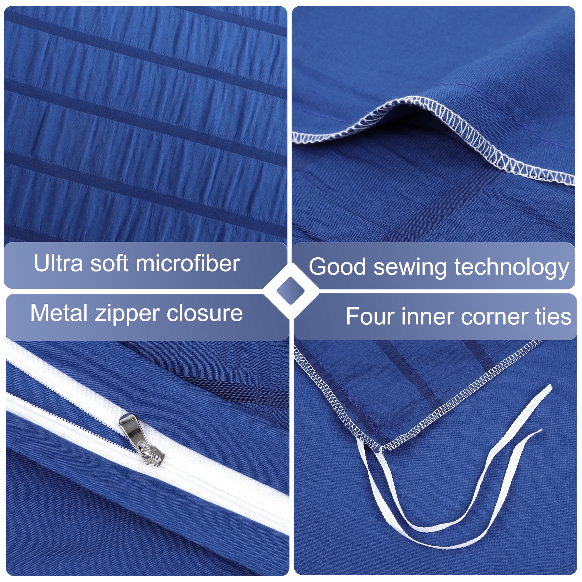 PiccoCasa Soft Microfiber 3 Pieces Queen Seersucker Adult Duvet Cover Set Royal Blue