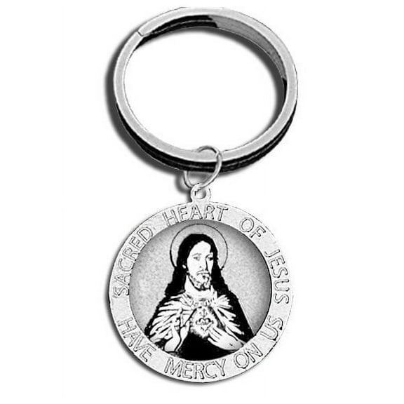 Sacred Heart of Jesus Religious Engravable Keychain - 1 Inch X 1 Inch Round - Sterling Silver