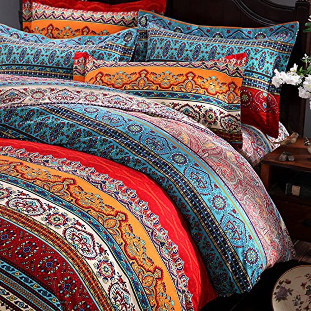 3 Piece Colorful Retro Bohemian Duvet Cover Set Mandala Striped Reversible Boho Queen Comforter Cover Sets,Queen Size