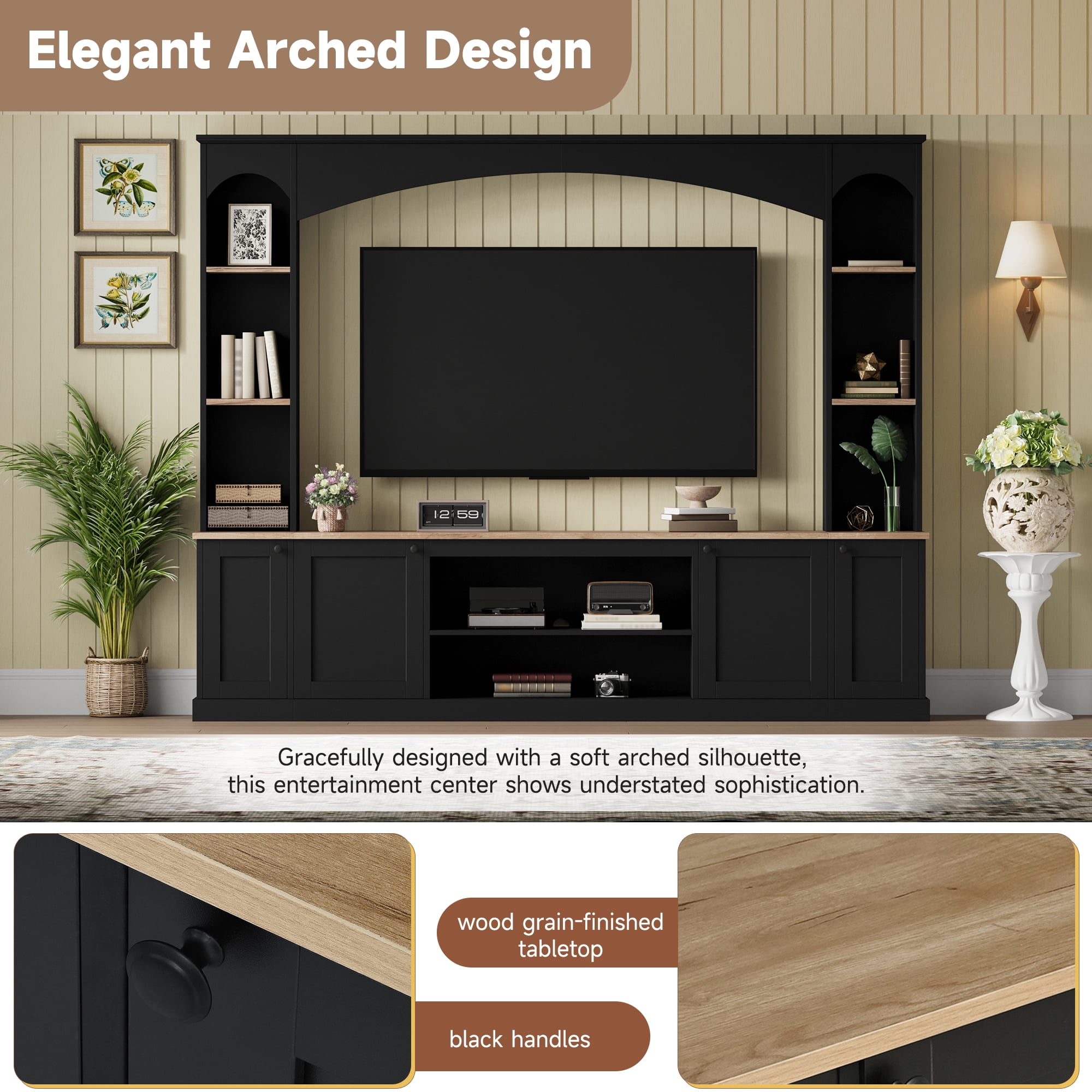 Aukfa Arched Wall Unit TV Stand for TVs up to 70",Entertainment Center with Adjustable Shelves & Bookshelf for Living Room,Black