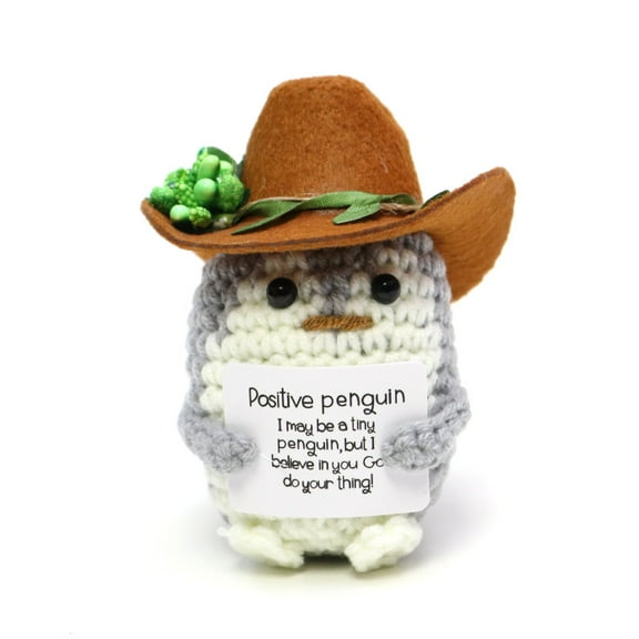 Handmade Positive Penguin, Crochet with Cowboy Hat Emotional Doll Support Crocheted Knitted Animal for Inspirational Motivational Gift Home Office Decor