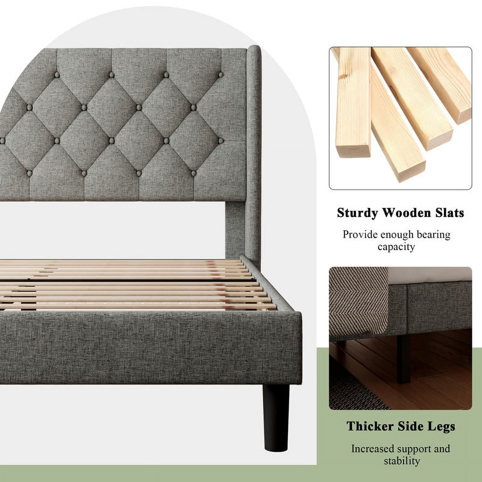 iPormis Queen Size Bed Frame with Diamond Button Tufted Wingback Headboard, Upholstered Platform Bed Frame with Strong Wood Slat Support, No Box Spring Needed, Light Gray