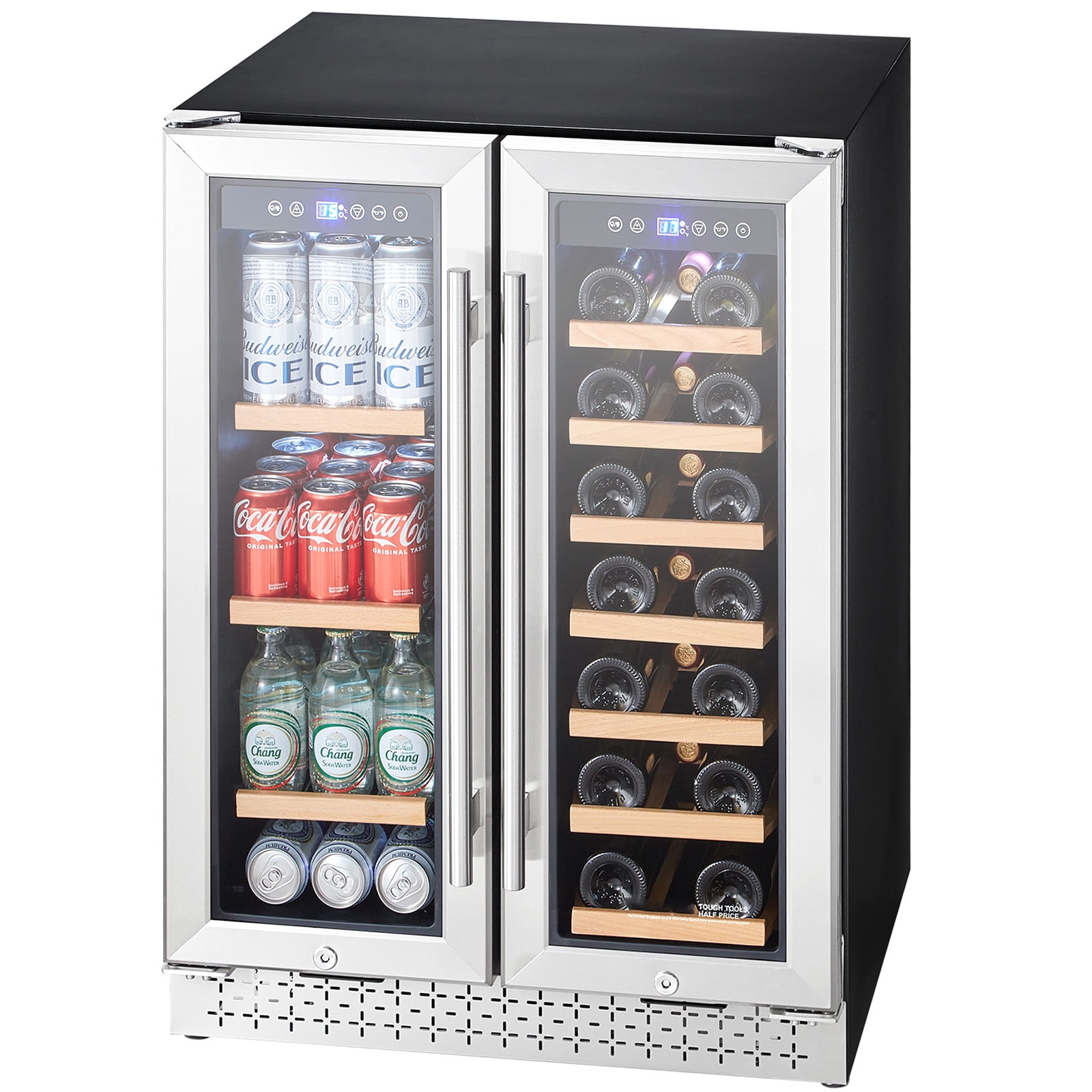KFFKFF Wine and Drink Cooler, 24 inch Double Area Beverage Fridge, Integrated & Detachable Refrigerator with Transparent Doors, Modifiable Racks, Electronic Temp Regulation