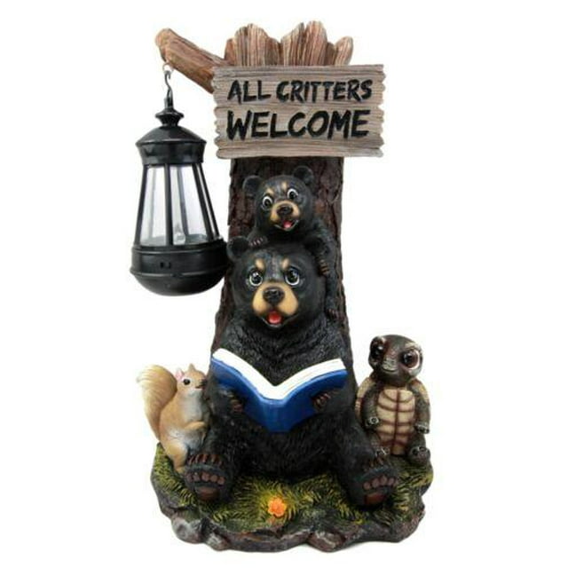 Ebros Gift Whimsical Forest Bedtime Story Mother Bear With Baby Cub Turtle And Squirrel Solar LED Light Lantern All Critters Welcome Sign Statue Fairy Tales Nursery Rhymes Guest Greeter Figurine Decor