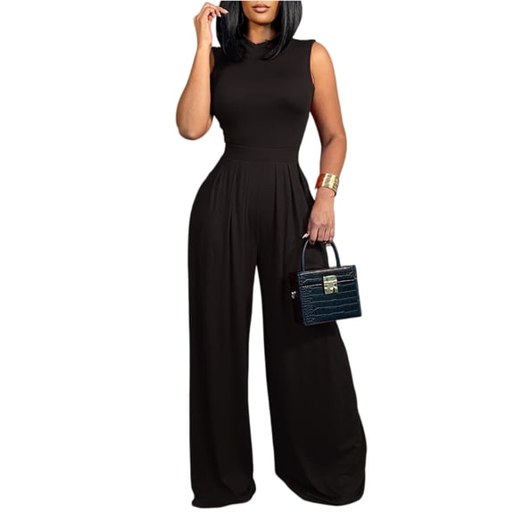 Women's Sleeveless Mock Neck Wide Leg Jumpsuit Elegant High Waist Party Outfit
