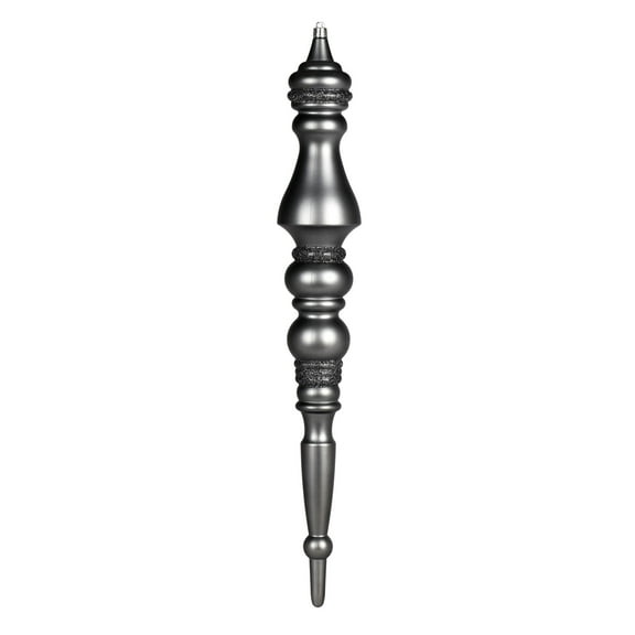 Vickerman 20" Pewter Matte Finial 1/Bag. This ornament features a drilled cap with looped wire to ensure that decorating is a breeze. This ornament is made with shatterproof plastic to reduce the like