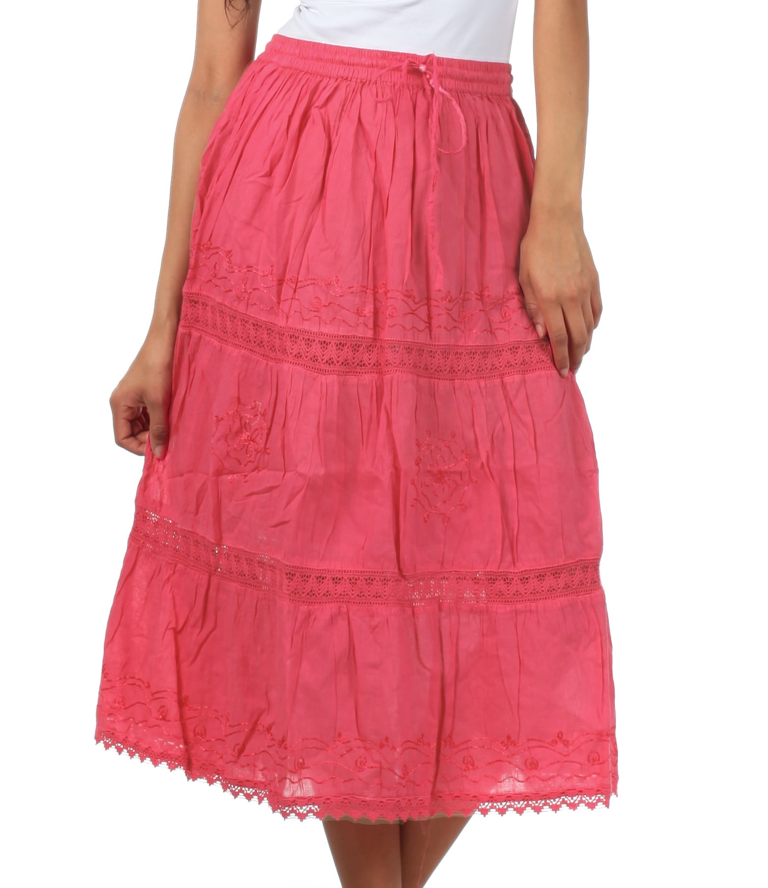 Sakkas Solid Embroidered Gypsy Bohemian Mid Length Cotton Skirt - Pink -  One Size - Walmart.com