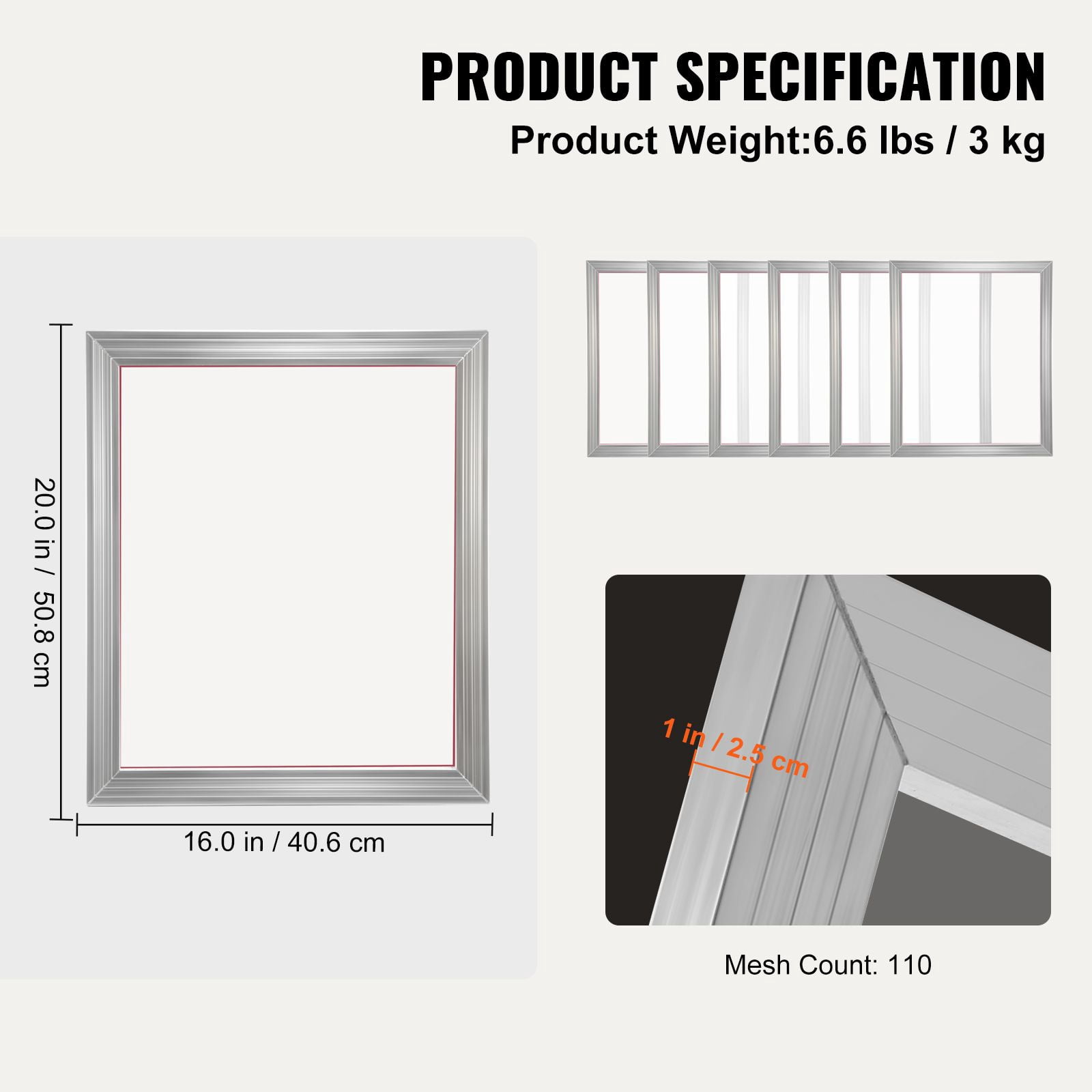 6-Piece Screen Printing Kit with 110 Mesh Aluminum Frames, 16"x20" Silk Screen Frames, High Tension Nylon Mesh, Sealing Tape for DIY T-Shirts