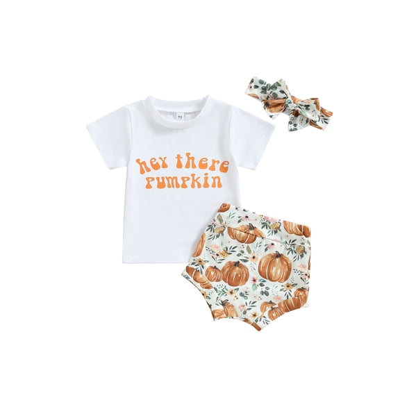 Bagilaanoe 3Pcs Newborn Baby Girls Thanksgiving Outfits Short Sleeve Letter Print T-Shirts Tops   Pumpkin Shorts   Headband 6M 12M 18M 24M Infant Short Pants Set