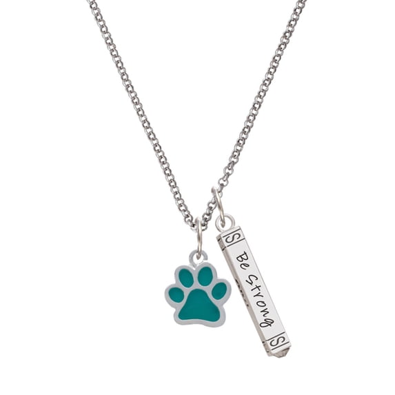 Delight Jewelry Silvertone Medium Translucent Teal Paw Silvertone Be Strong and Courageous Bar Charm Necklace, 23"