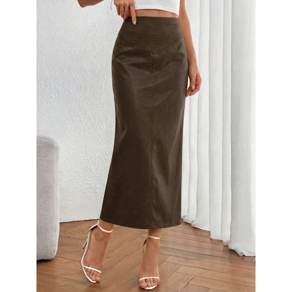 Coffee Faux Leather High Waist Pencil Maxi Skirt Elegant Casual