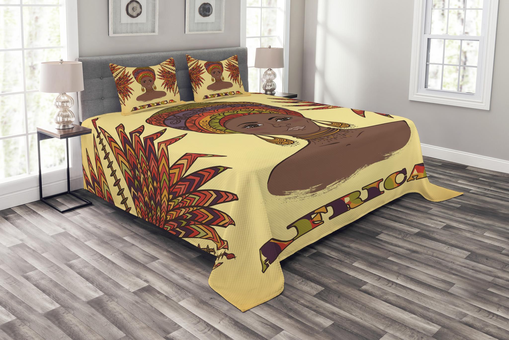 African Bedspread Set, Ethnic Woman in Traditional Turban and Palms