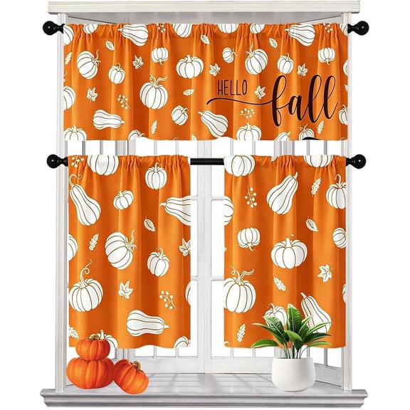 Fall Kitchen Curtains 3 Piece Set, Pumpkin Tier Curtains and Valance Window Treatment, Autumn Farmhouse Decor for Kitchen, Bathroom and Living Room