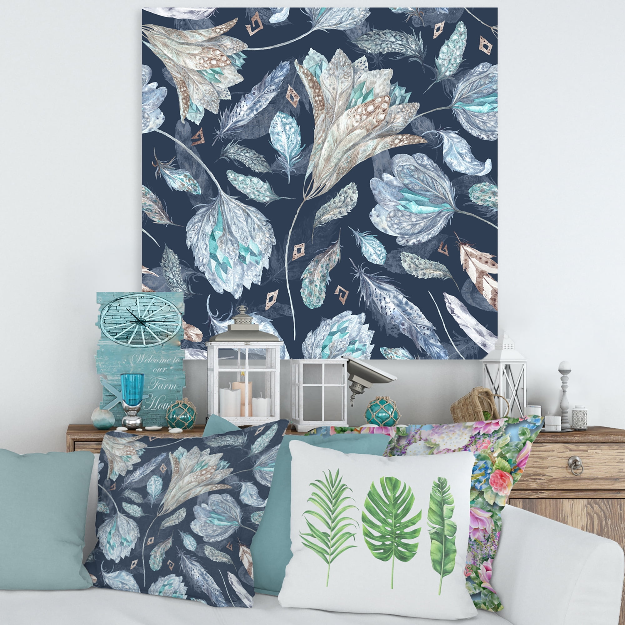 Designart ' Navy Blue Botanical Pattern With Feathers ' Traditional Canvas Wall Art Print