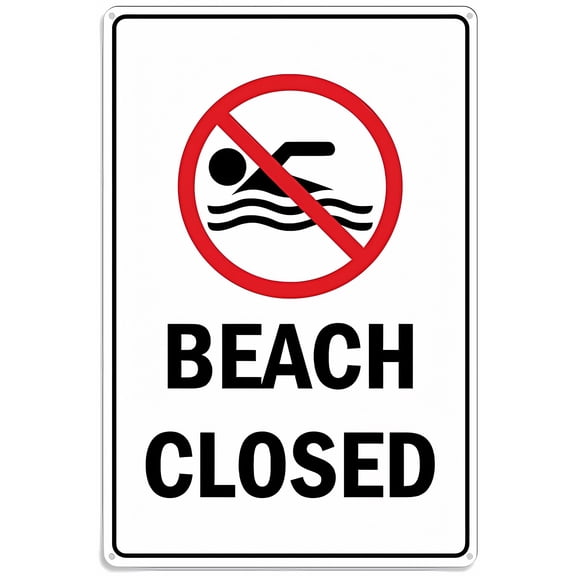 Beach Closed 8"x12" Metal Sign with Symbol, Aluminum UV Printed, 4 Pre-Drilled Holes, Indoor Outdoor Beach Sign, Safety Sign