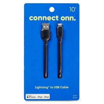 onn. 10 ft, Lightning to USB Cable, Black, for iPhone/iPad/iPod