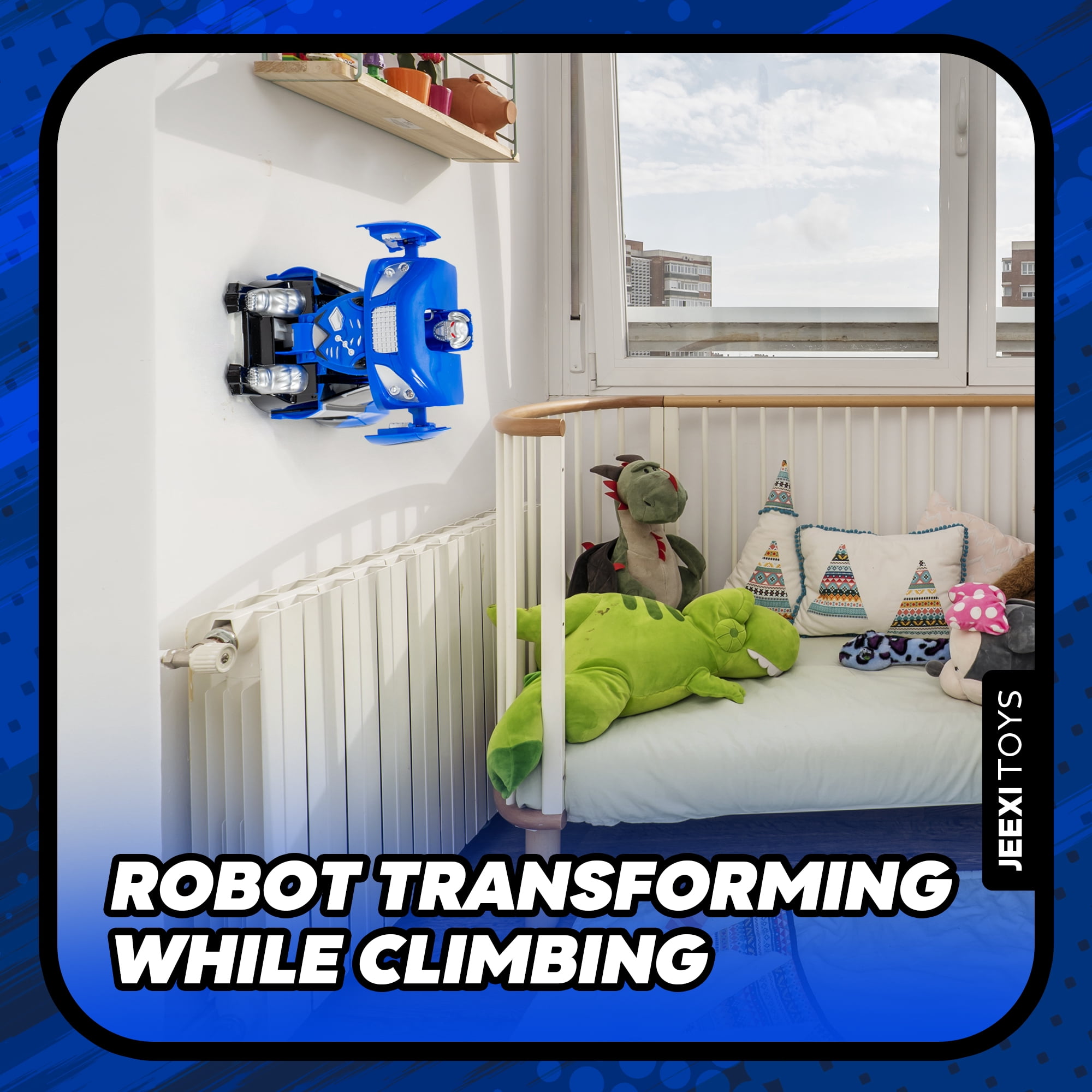 JEEXI Wall Climbing Remote Control Car - Transforming Robot RC Car Toy for Kids, Drives on Walls, Windows, Floors & Ceilings, Dual Mode for Floor & Wall, Fun Gift for Boys & Girls (Blue)