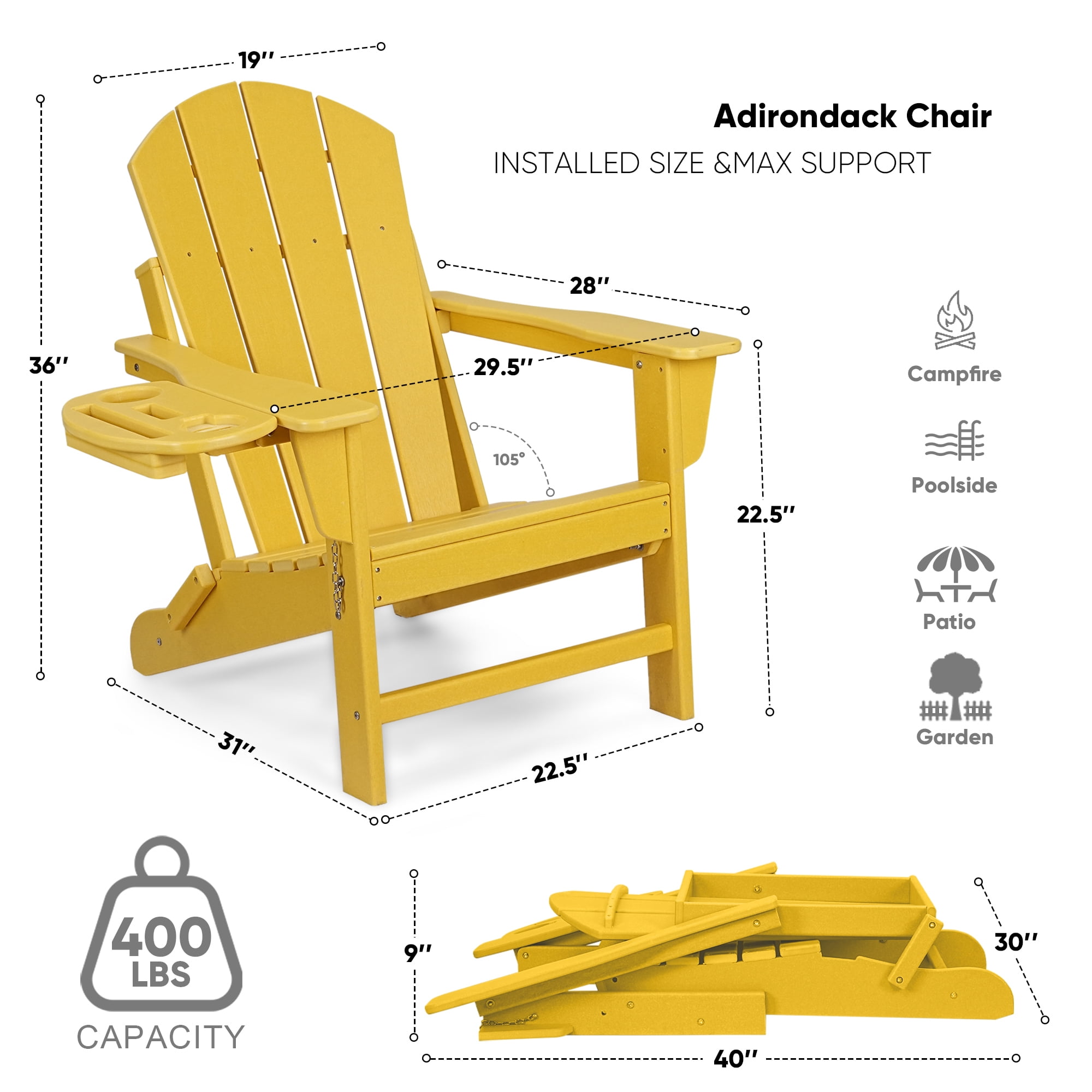 Folding HDPE Adirondack Chair with 4 in 1 Cup Holder Tray Plastic Adirondack Chairs Weather Resistant Lawn Outdoor Firepit Chairs, Yellow
