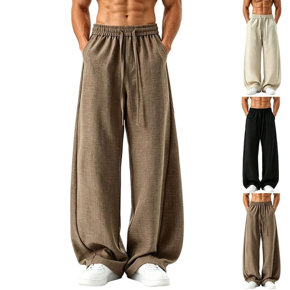 Mens Linen Harem Pants Yoga Beach Loose Fit Wide Leg Casual Breathable Summer Elastic Waist Drawstring Baggy Trousers with Pockets Big and Tall Size M-5XL Coffee