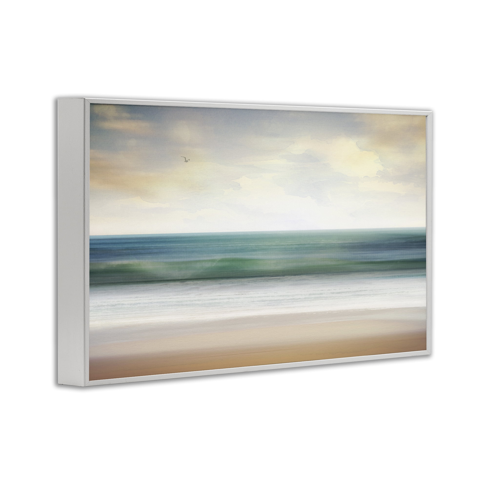 Stupell Industries Lone Seagull Over Beach Landscape Painting White Framed Art Print Wall Art, 24 x 16