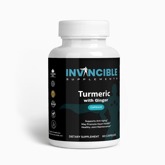 Invincible Turmeric & Ginger Capsules - Organic Turmeric 500 mg, Organic Ginger Extract 100 mg, BioPerine 5 mg - Allergen-Free, Non-GMO, GMP-Certified Dietary Supplement