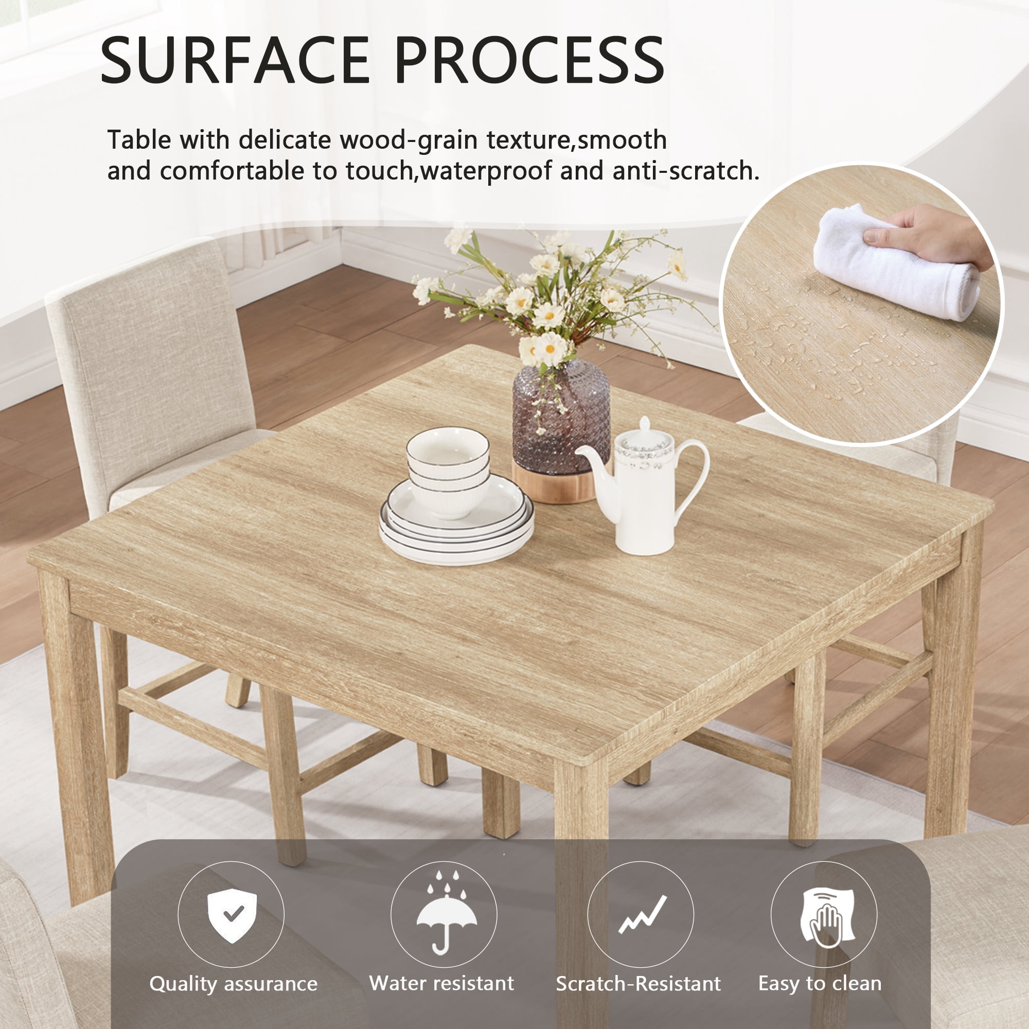 BSHTI 39" 5-Piece Rectangle Counter Height Table Set with Upholstered Chairs, Modern Space Saving Design for Dining Room（Light Oak）