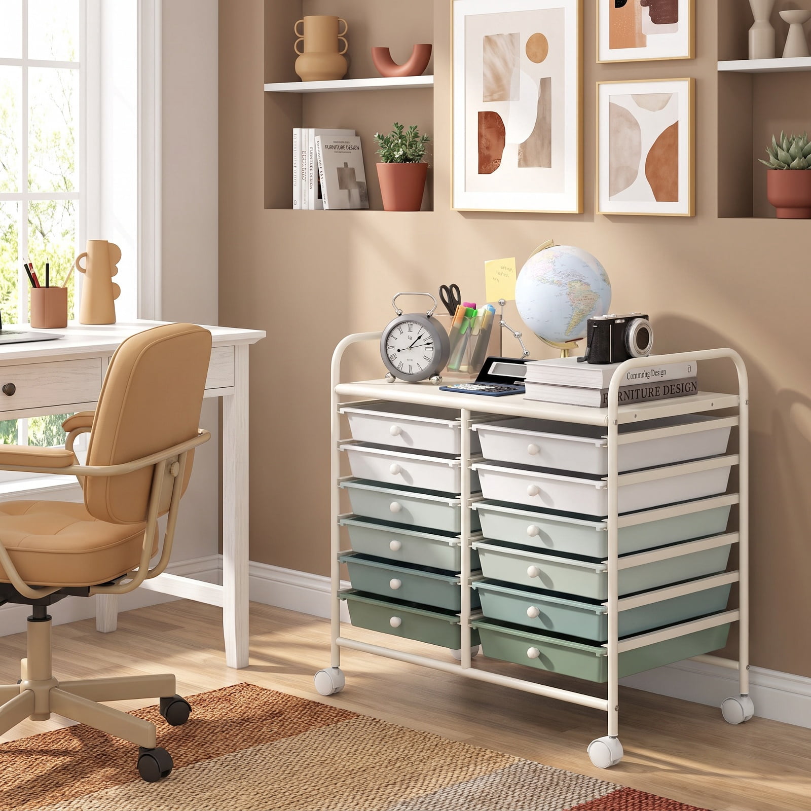 Furnibear 12 Drawers Rolling Storage Cart for Home and Office-Green Gradient for Home Office Filing Document Letter Legal Storage, Gray