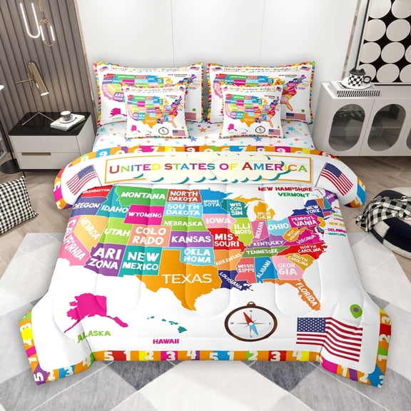 Manfei American Map Print 7-Piece Twin Bedding Sets, Kawaii Cartoon Bedding Comforter Set, Teens Kids Boys Girls Reversible Sheet Sets, Microfiber Bedroom Decor