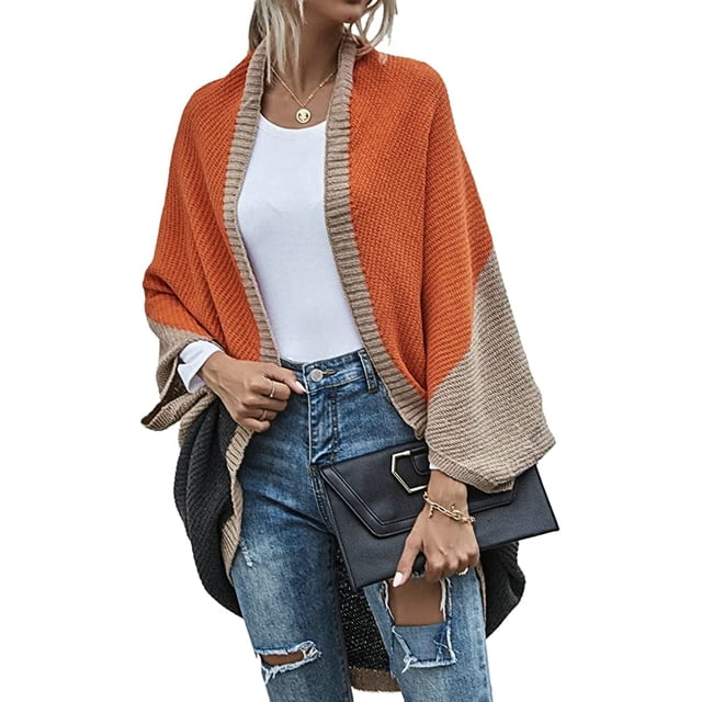 LinYooLi Women's Chunky Cardigan Fall Oversized Open Front Color Block Batwing Long Sleeve Knit Sweaters Cardigan Wrap