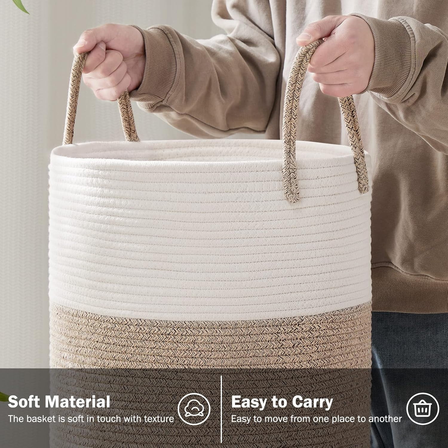 YOUDENOVA Laundry Hamper Basket, Woven 58L Tall Laundry Basket for Blanket Organizer- Nursery Hamper for Bedroom And Bathroom Storage