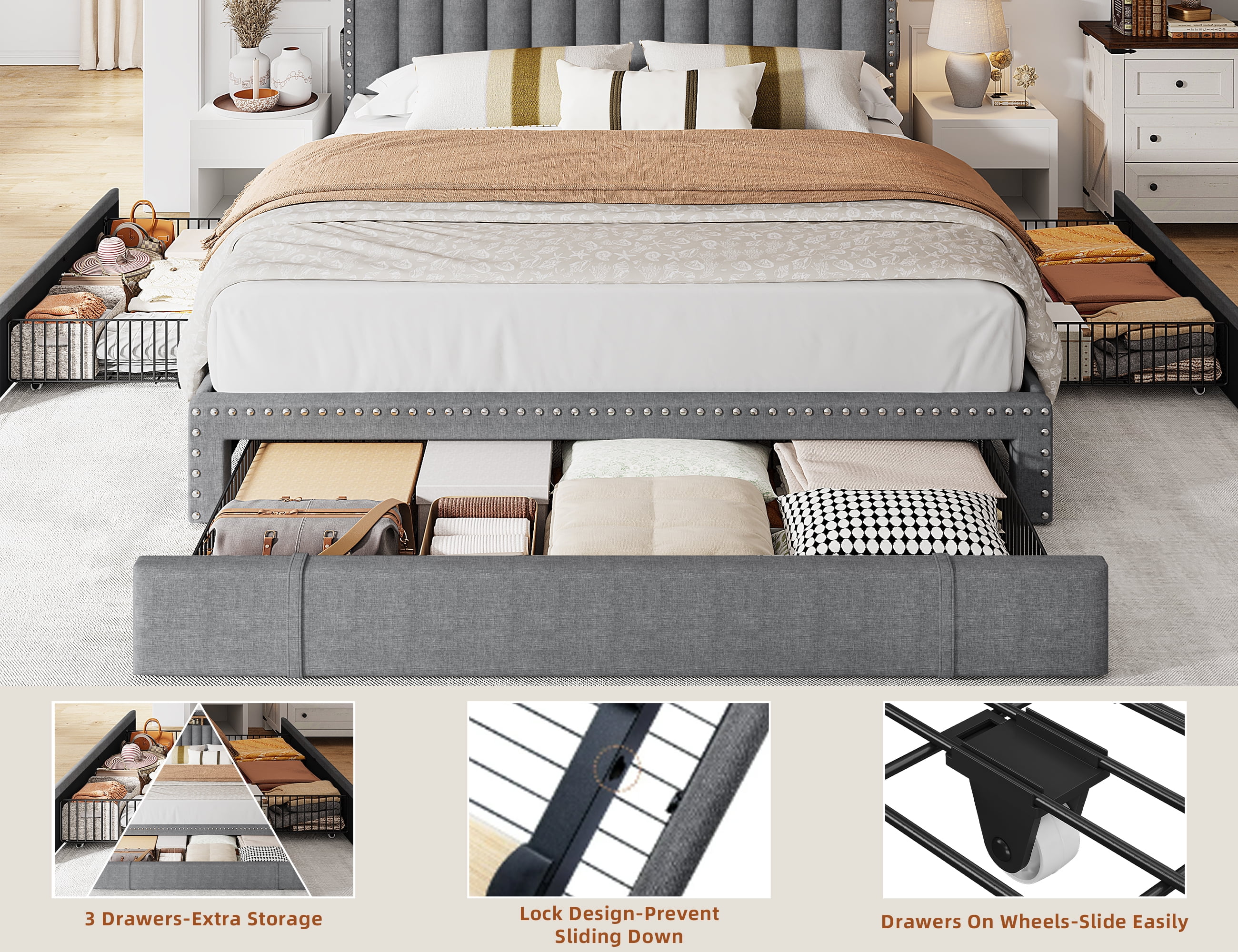 EnHomee Upholstered Queen Bed Frame with 3 Drawers, Noise Free, Metal & Wood Support, Gray  (图5)