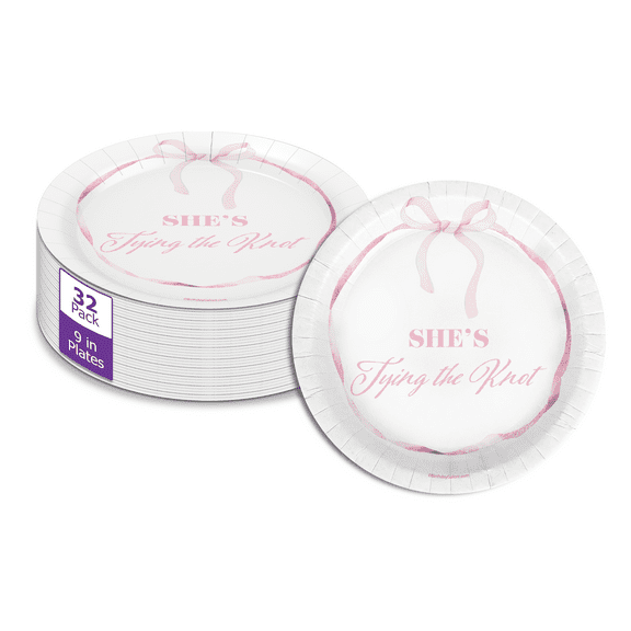 Birthday Galore She's Tying The Knot Bridal Shower - 32 Piece Disposable Party Supplies - Pink Bows Bridal Shower Decorations - Round Party Plates - Large 9" Paper Plates In Bulk