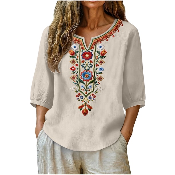 Neewe Women's Embroidered Tops 3/4 Sleeve Traditional Boho Shirts for Women V Neck Peasant Tunic Blouses