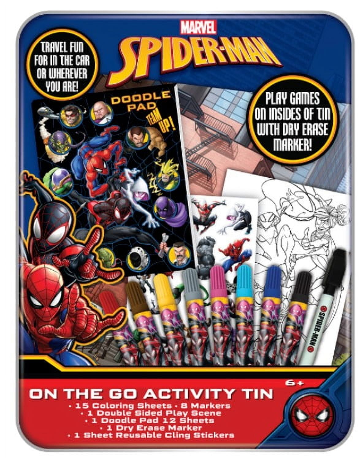 (4 pack) Spiderman Multi-Color On-The-Go Activity Tin Art Set, 27 Pieces, for Children Ages 6+, Unisex