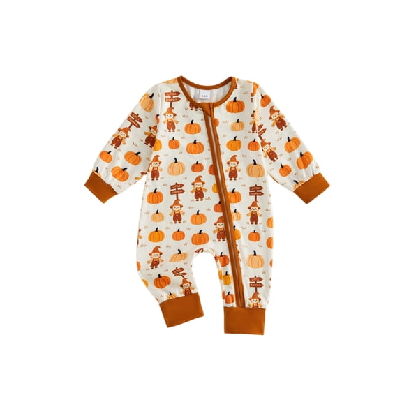 Cjfdfy Newborn Baby Boy Girl Halloween Outfit Romper Casual Scarecrow Pumpkin Print Zip Front Crew Neck Long Sleeve Jumpsuit For Fall Halloween Pumpkin Fall Winter Outfit