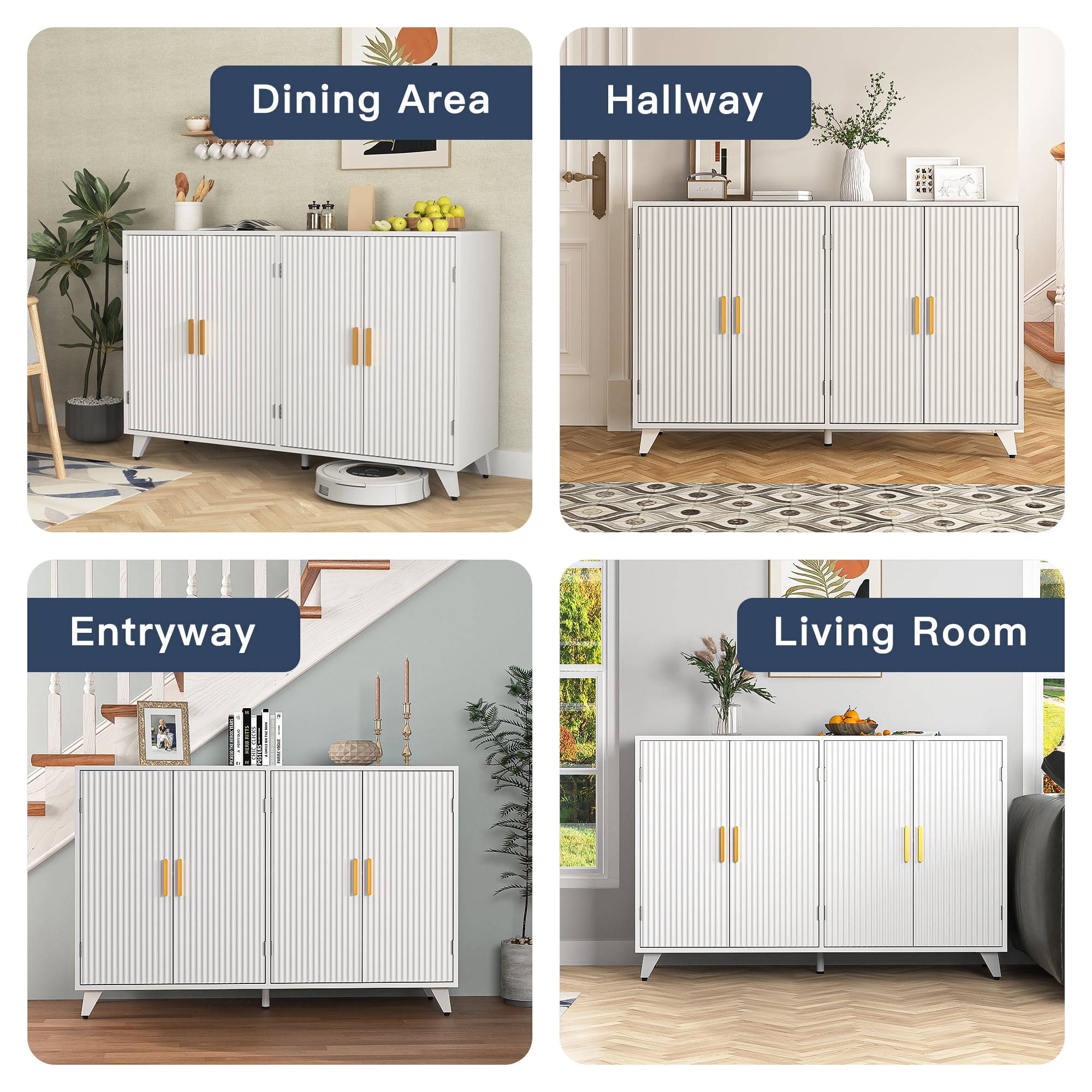 Finihen Sideboard Buffet Cabinet, Storage Cabinet with 4 Doors, for Dining Room, Living Room, Hallway, Entryway, White
