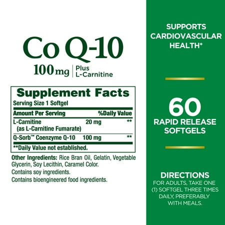 Nature's Bounty CoQ10 100 mg + L-Carnitine Softgels for Heart Health, 60 Count