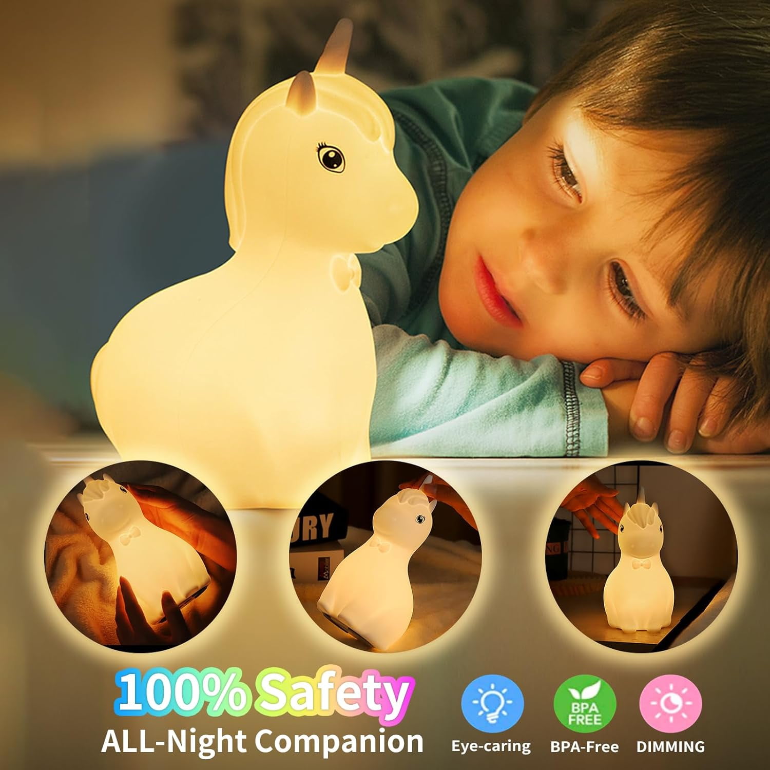 Silicone Night Light ，Unicorn Lights for Girls Bedroom, 8-Color Breathing Modes，Touch Sensor Control Rechargeable Cute Night Lights for Kids Toddler Baby Girls