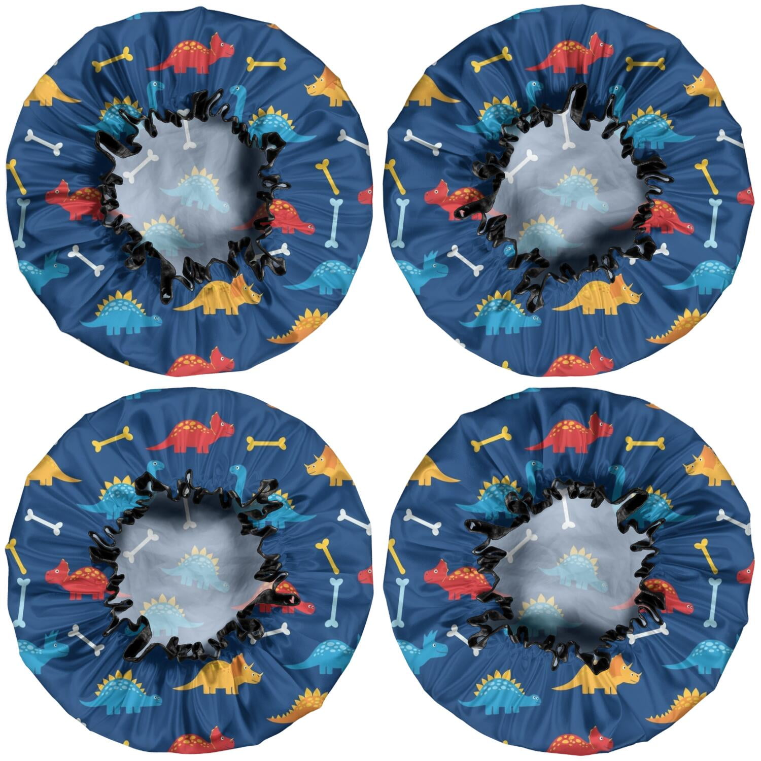 Shower Caps,DarkBlue Cartoon Dinosaurs Bones Pattern Waterproof Shower Cap for Women 4 Pieces,Double Reusable Hair Cover for Shower PEVA Elastic Stretch Hem